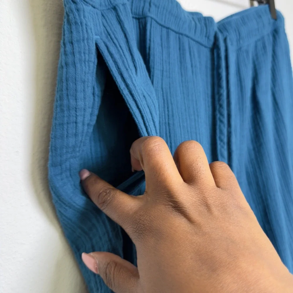 Carve Designs Women 100% Organic Cotton Pants‎ Large Teal Blue Gauze Coastal
